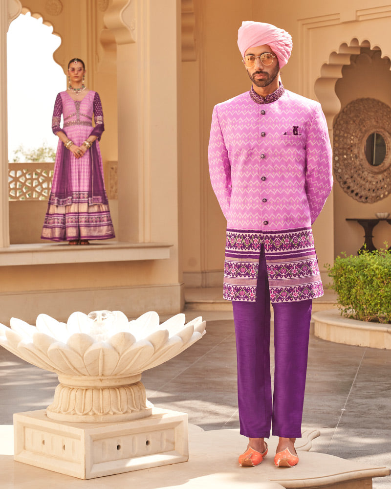 Pink Anarkali Dress and Men Blue Kurta Set