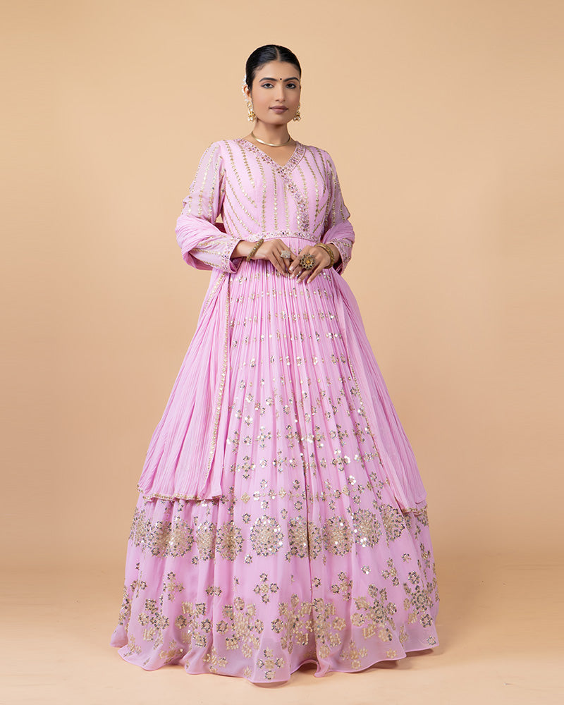 Pink Anarkali Hand Embellished Suit