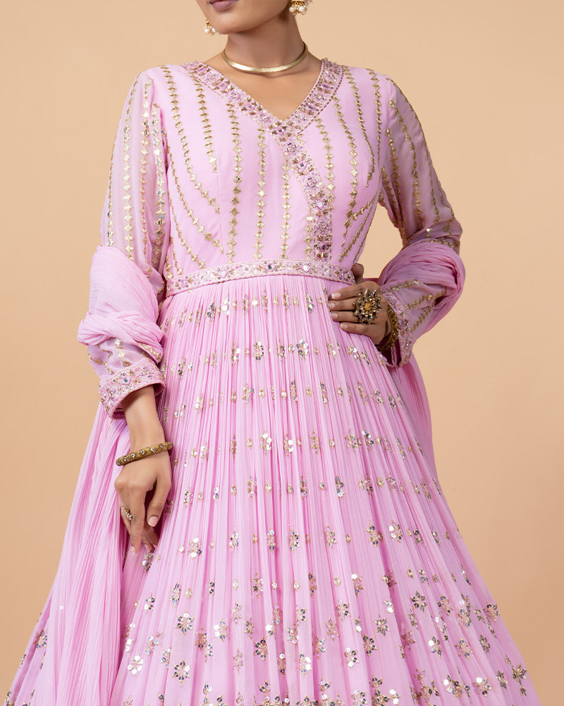 Pink Anarkali Hand Embellished Suit