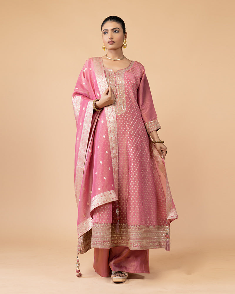 Pink Anarkali Set with Palazzo Pants and Dupatta