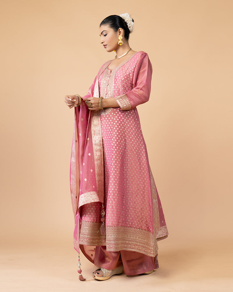 Pink Anarkali Set with Palazzo Pants and Dupatta