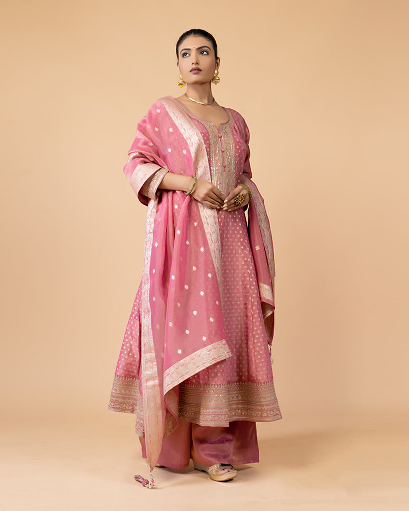 Pink Anarkali Set with Palazzo Pants and Dupatta