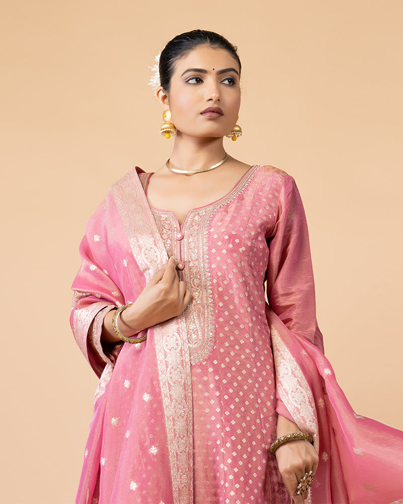 Pink Anarkali Set with Palazzo Pants and Dupatta