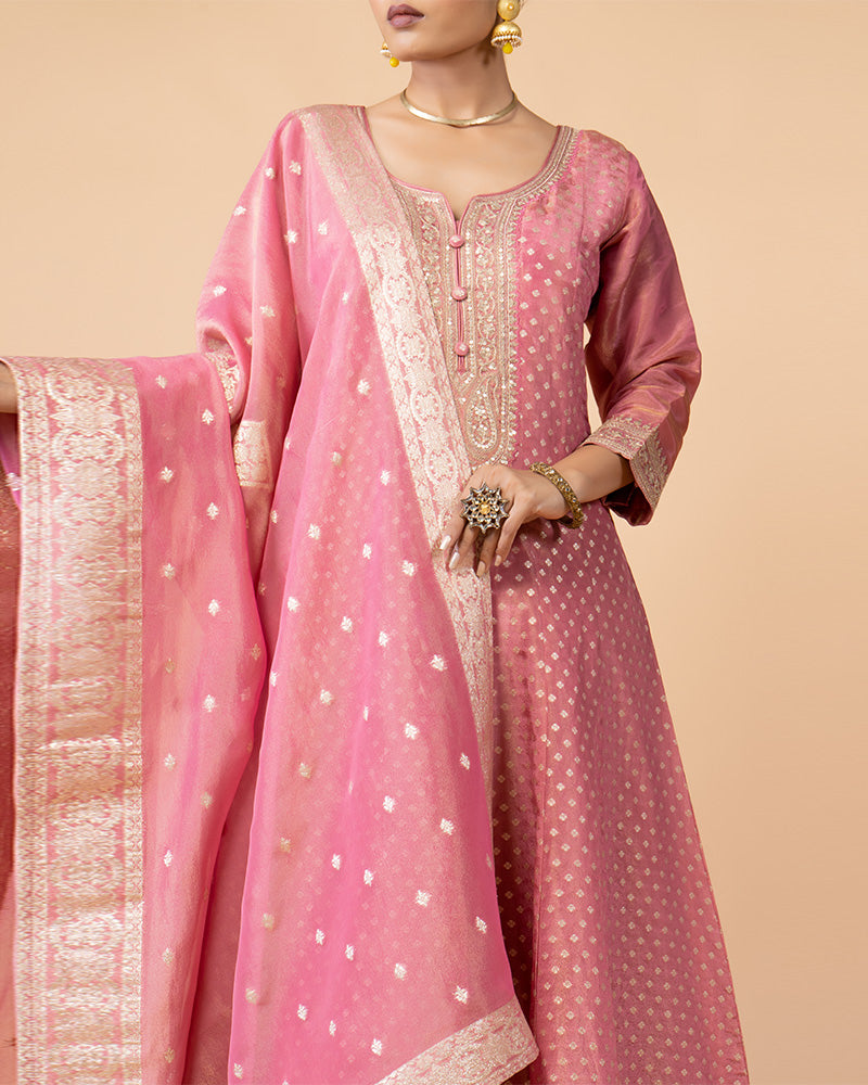 Pink Anarkali Set with Palazzo Pants and Dupatta