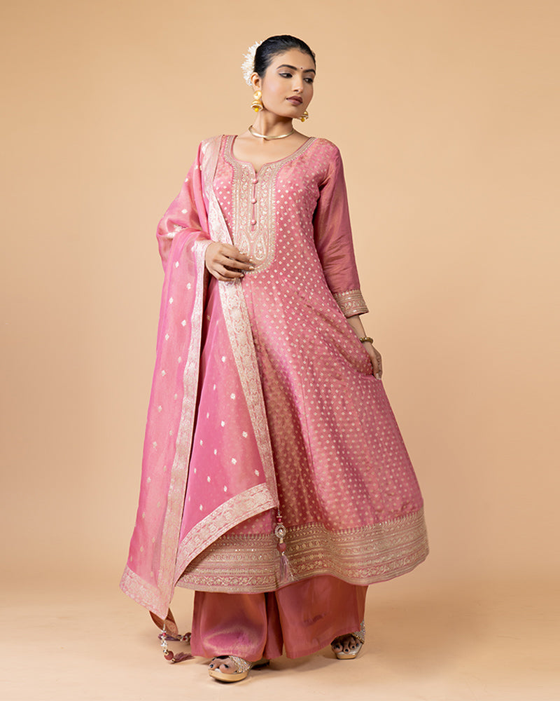 Pink Anarkali Set with Palazzo Pants and Dupatta