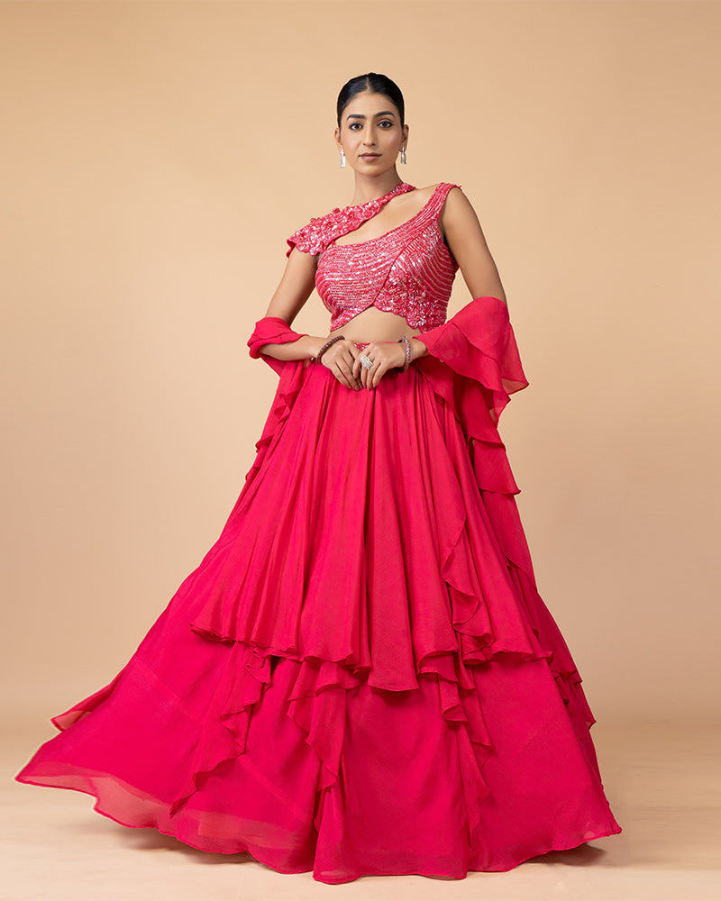 Pink Draped Skirt with Heavy work Blouse and Dupatta