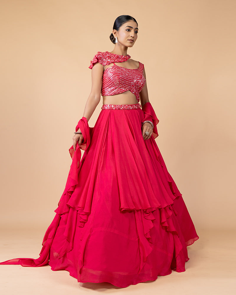 Pink Draped Skirt with Heavy work Blouse and Dupatta