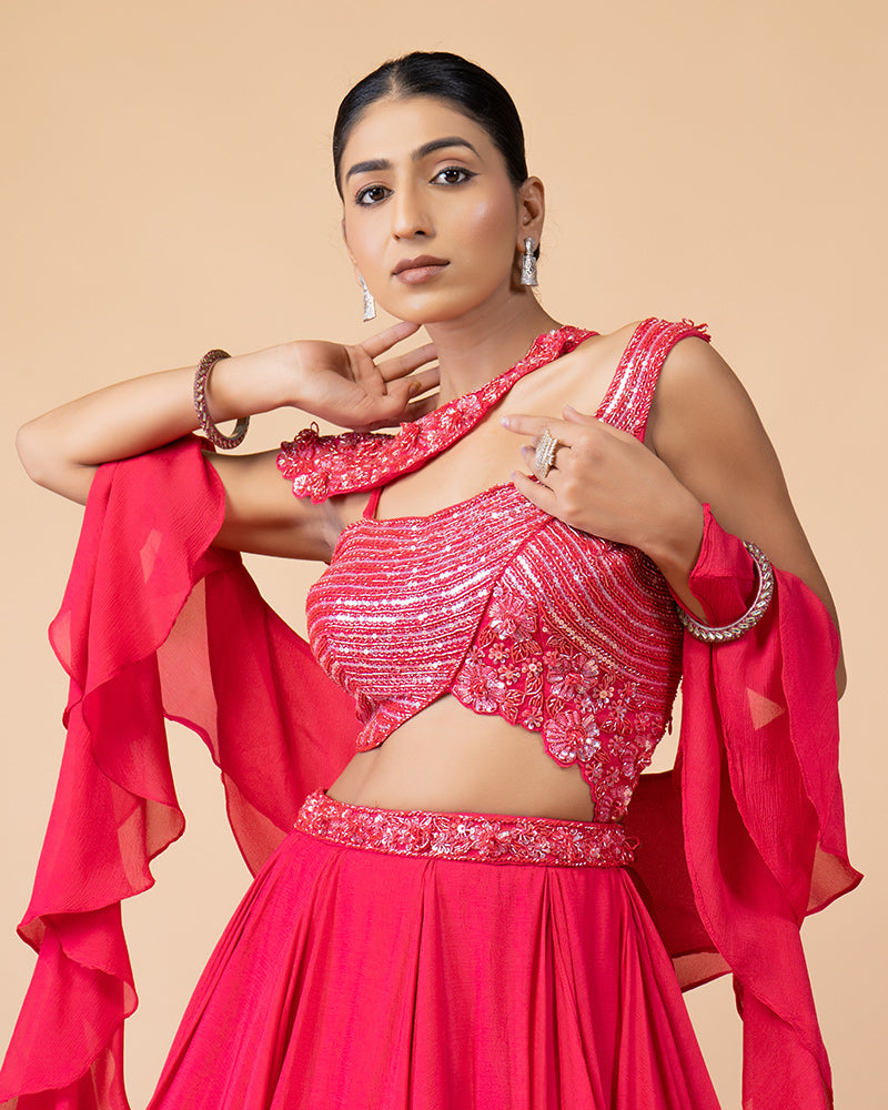 Pink Draped Skirt with Heavy work Blouse and Dupatta