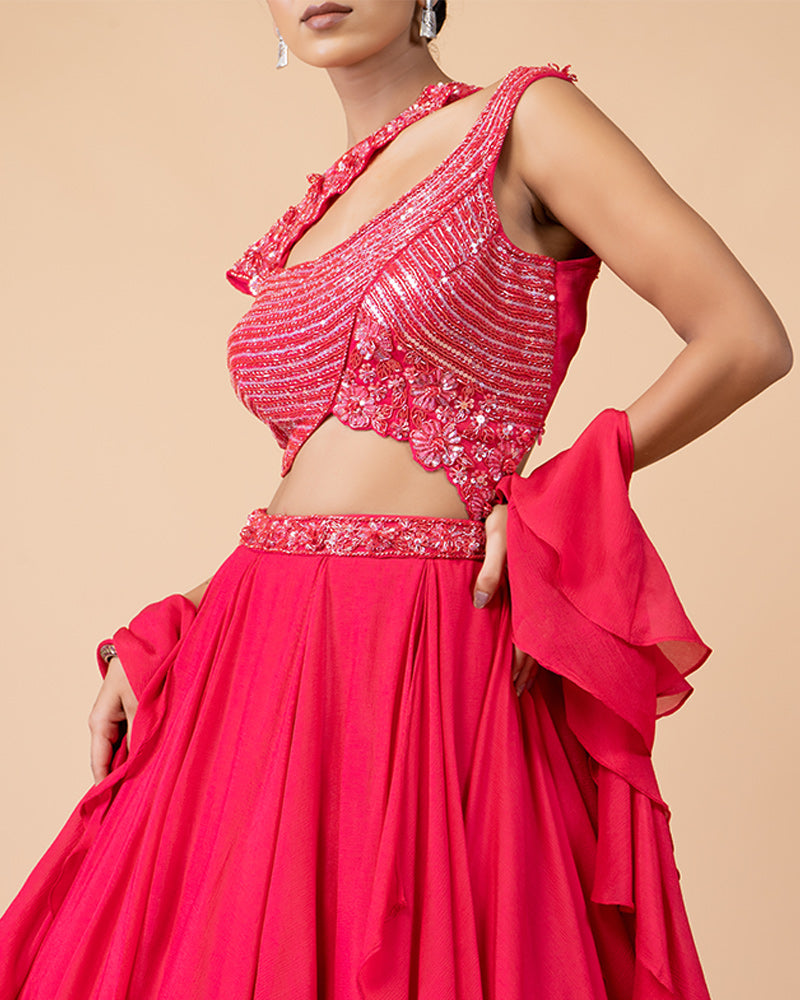 Pink Draped Skirt with Heavy work Blouse and Dupatta