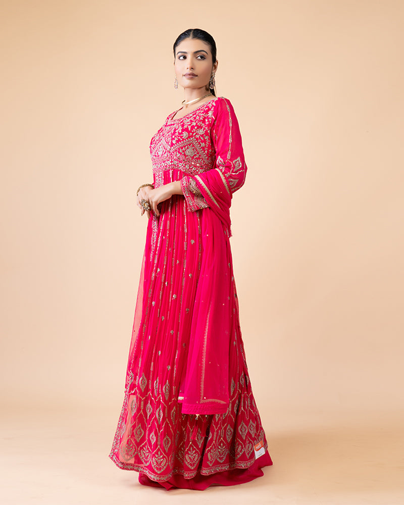 Pink Heavily Embellished Long Gown Dress with Dupatta