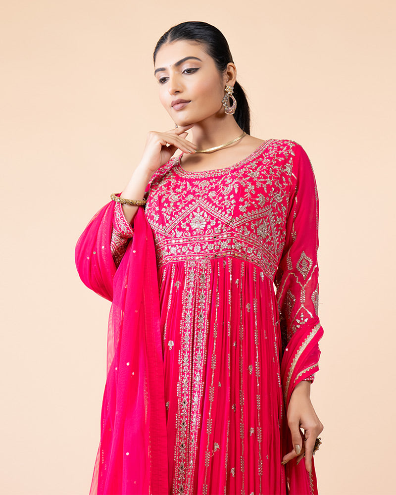 Pink Heavily Embellished Long Gown Dress with Dupatta