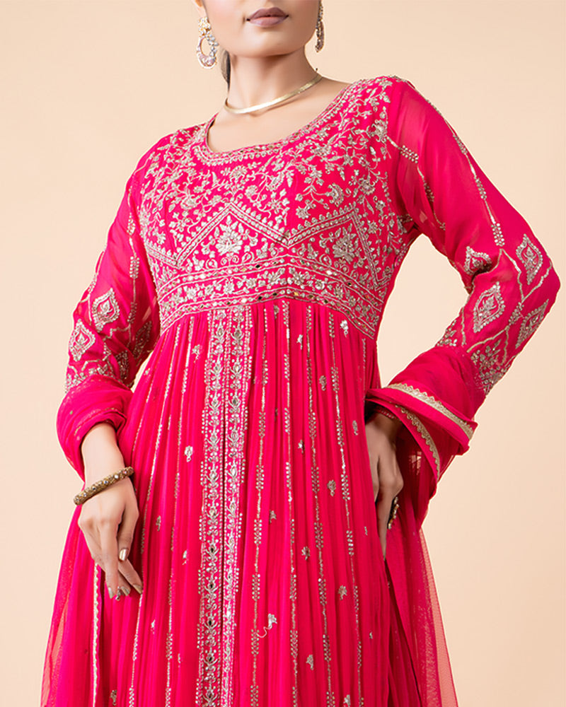 Pink Heavily Embellished Long Gown Dress with Dupatta