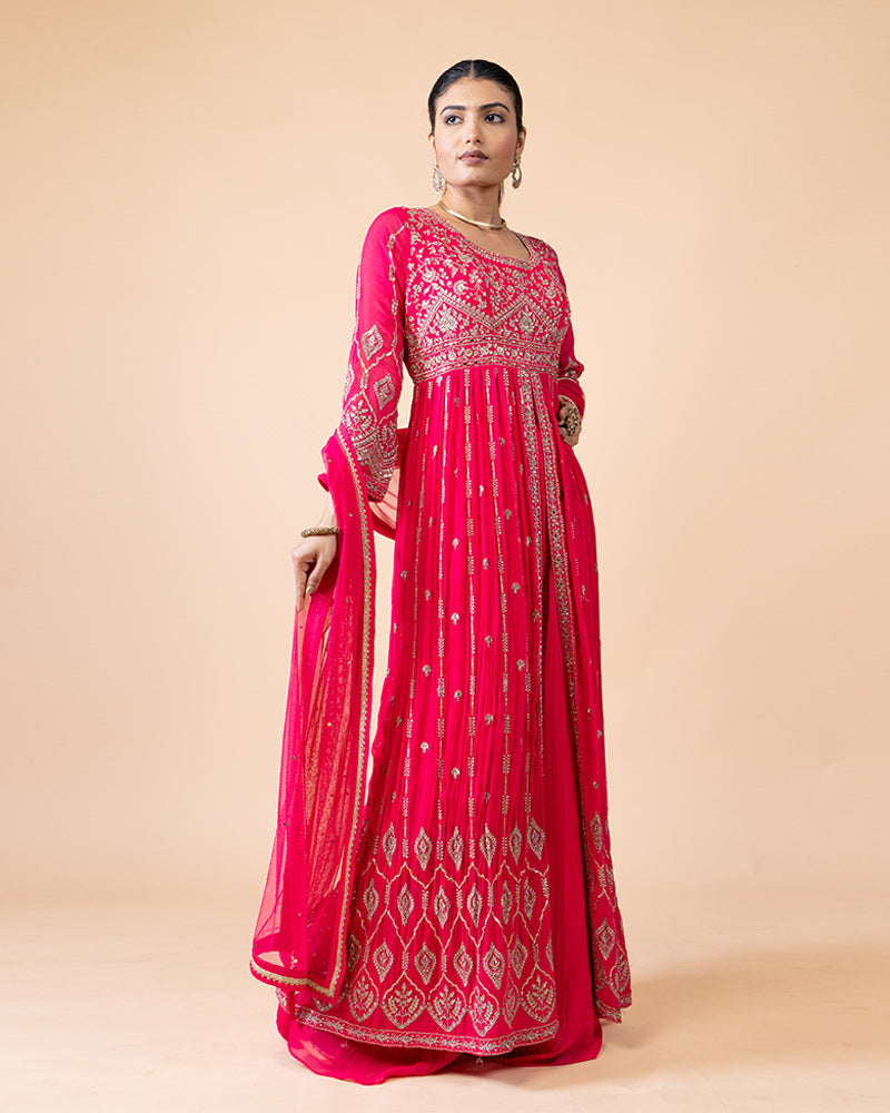 Pink Heavily Embellished Long Gown Dress with Dupatta