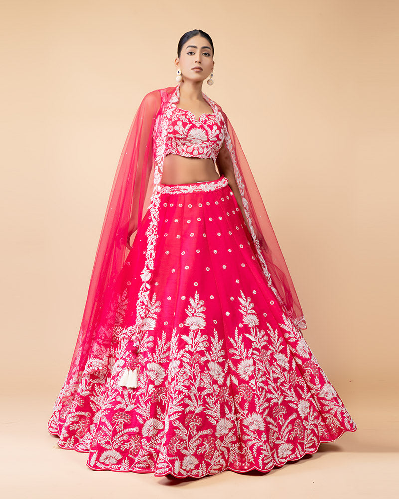 Pink Lehenga Choli Embellished with Embroidery Work and Net Dupatta