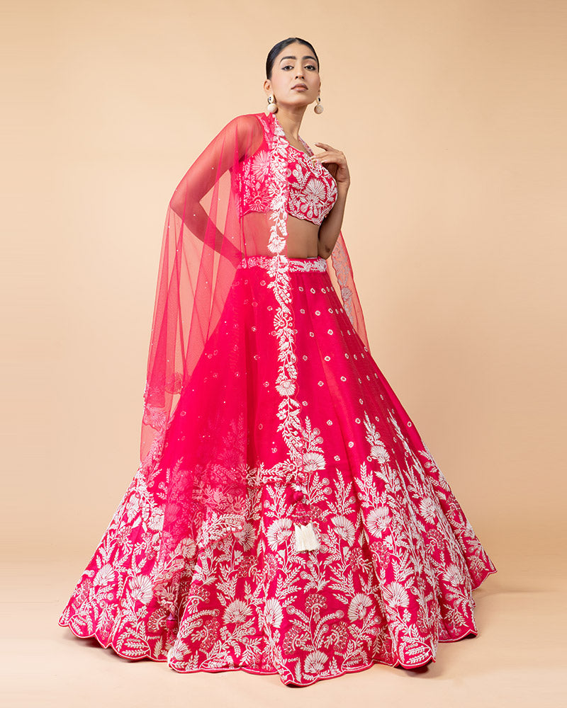 Pink Lehenga Choli Embellished with Embroidery Work and Net Dupatta