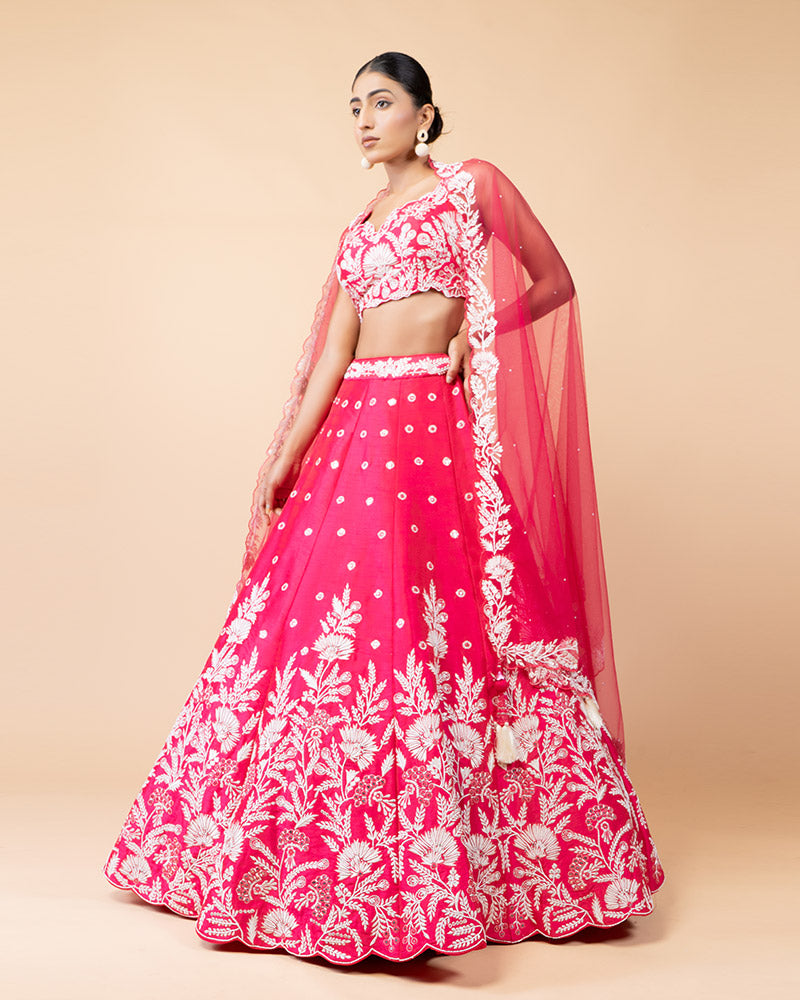 Pink Lehenga Choli Embellished with Embroidery Work and Net Dupatta