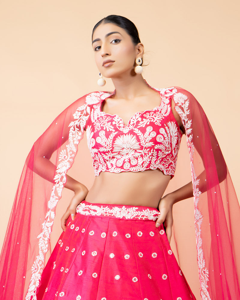 Pink Lehenga Choli Embellished with Embroidery Work and Net Dupatta