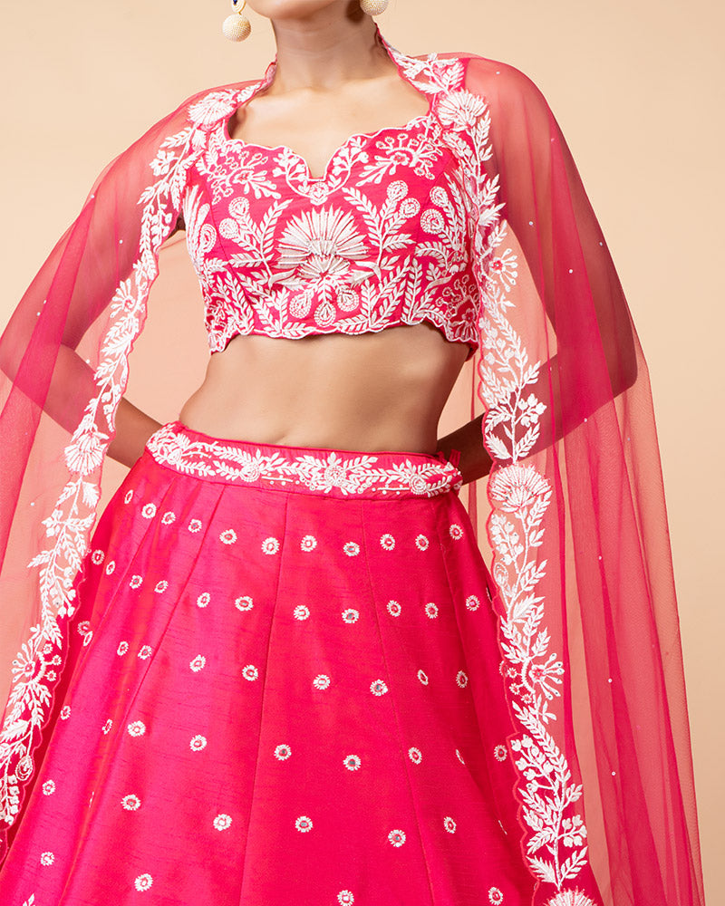 Pink Lehenga Choli Embellished with Embroidery Work and Net Dupatta