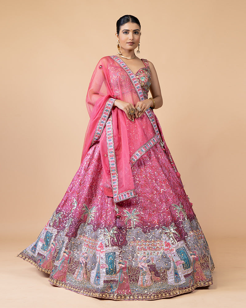 Pink Lehenga Choli with Intricate Handwork and Chiffon Dupatta