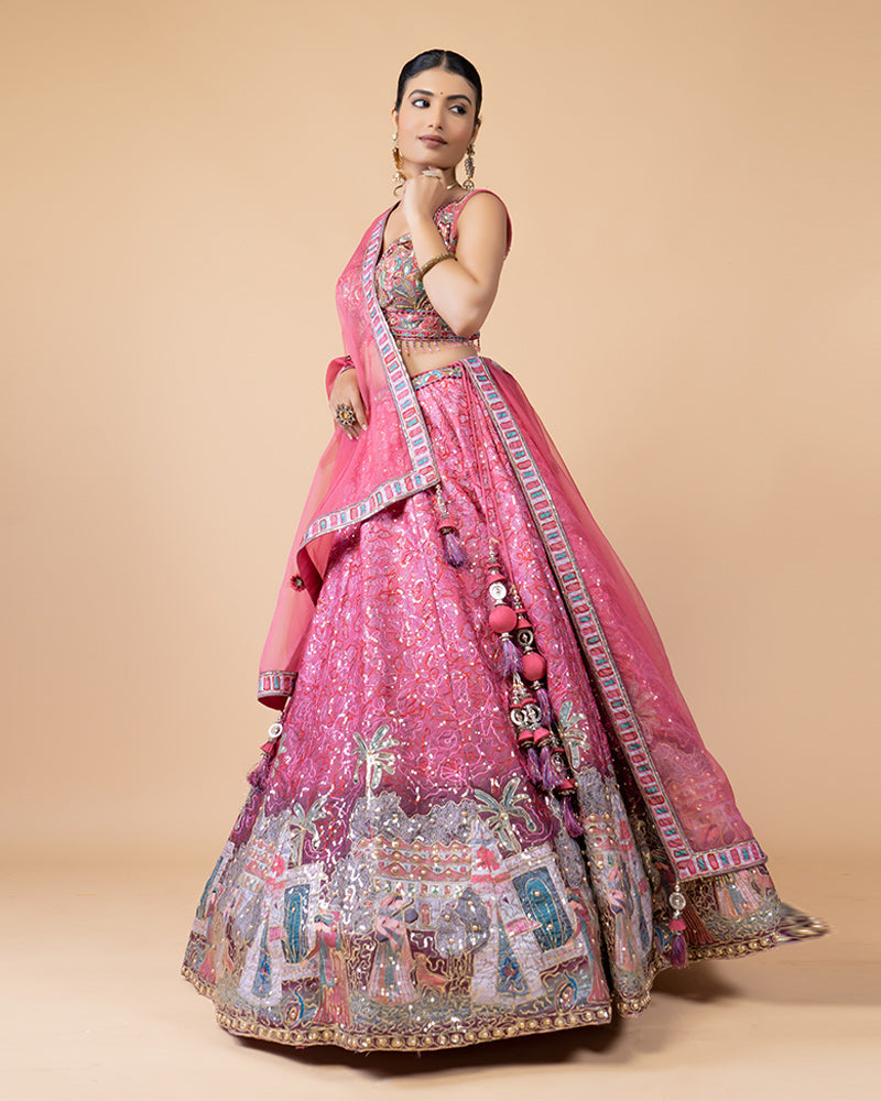 Pink Lehenga Choli with Intricate Handwork and Chiffon Dupatta