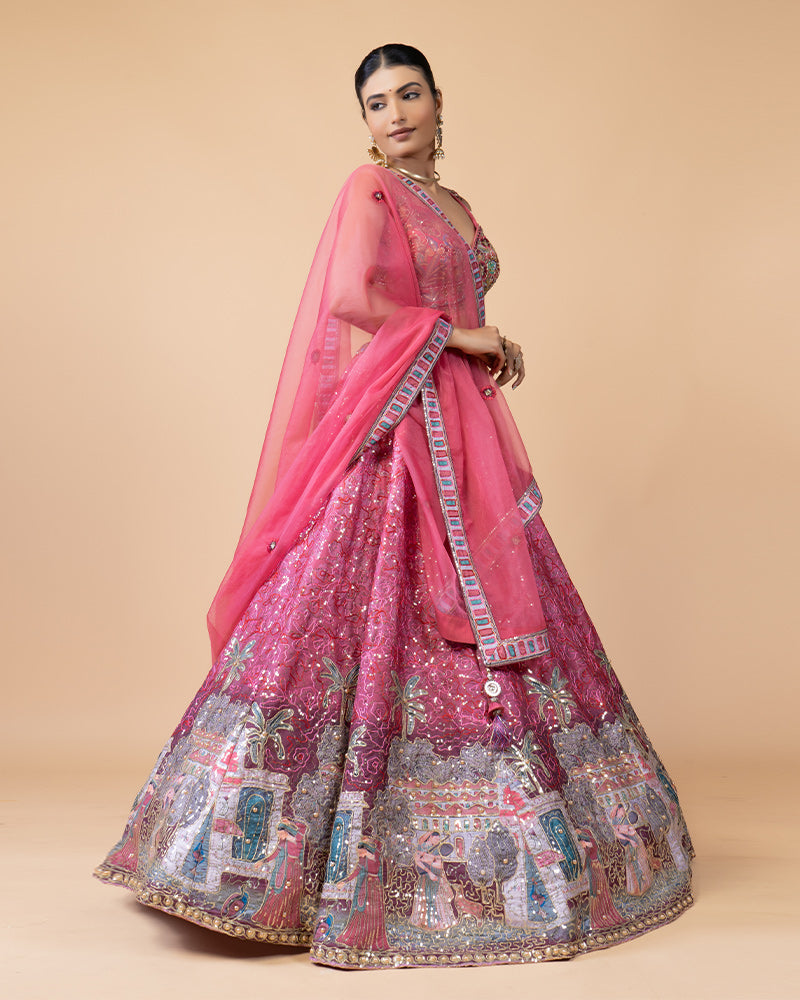 Pink Lehenga Choli with Intricate Handwork and Chiffon Dupatta