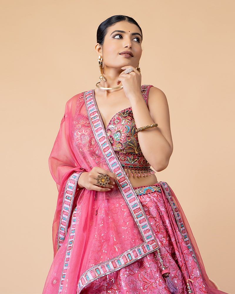 Pink Lehenga Choli with Intricate Handwork and Chiffon Dupatta