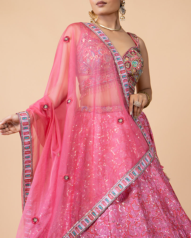 Pink Lehenga Choli with Intricate Handwork and Chiffon Dupatta