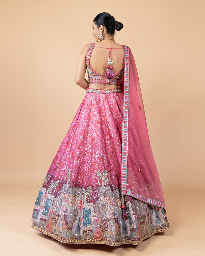 Pink Lehenga Choli with Intricate Handwork and Chiffon Dupatta