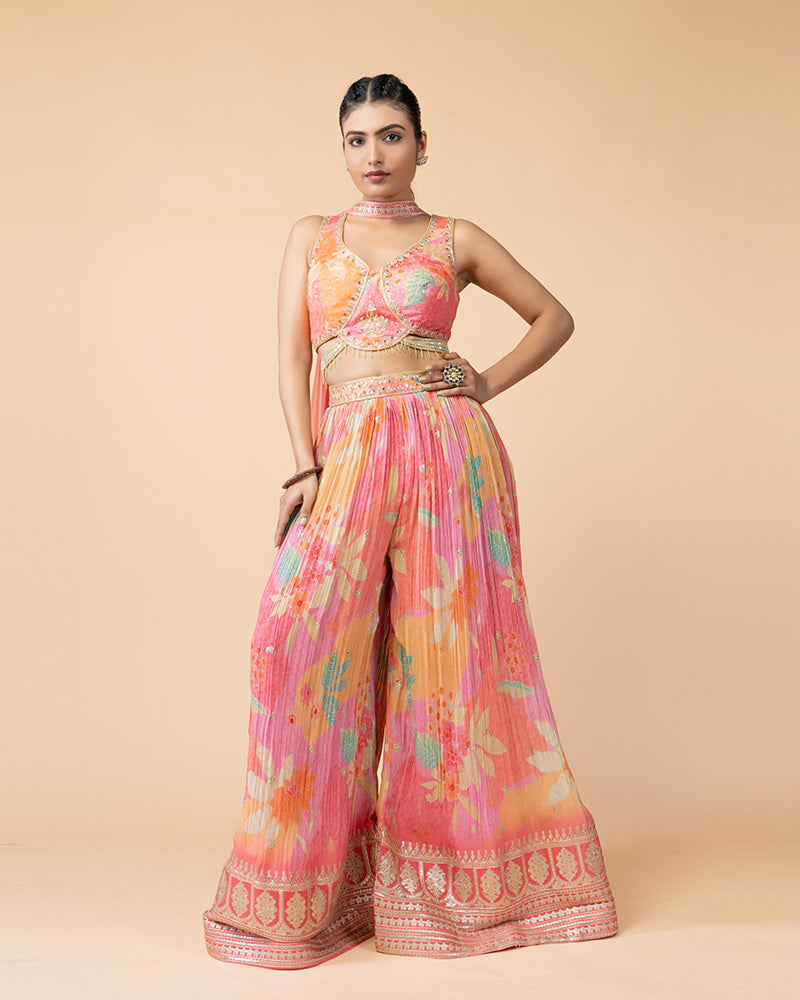 Pink Palazzo with Crop Top and Net Dupatta