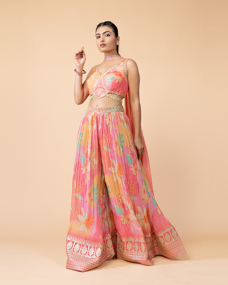 Pink Palazzo with Crop Top and Net Dupatta