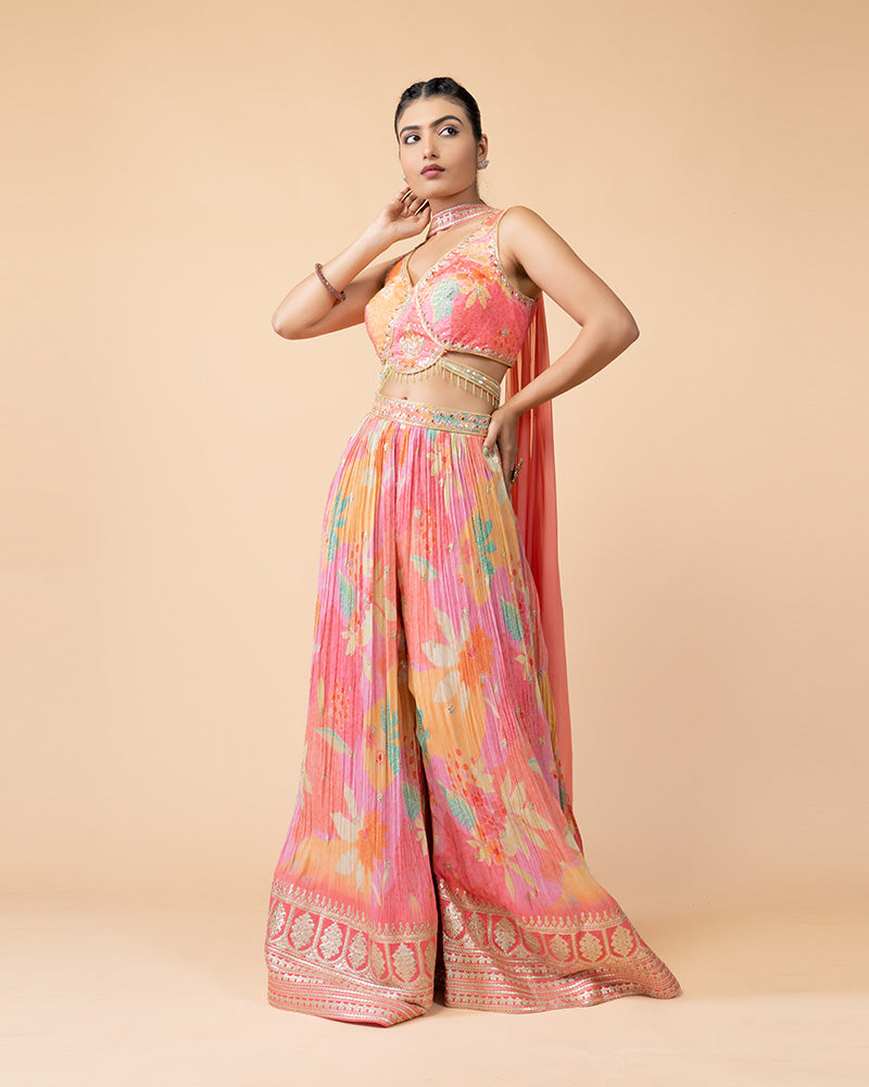 Pink Palazzo with Crop Top and Net Dupatta