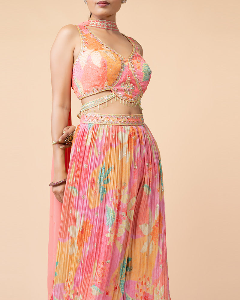 Pink Palazzo with Crop Top and Net Dupatta