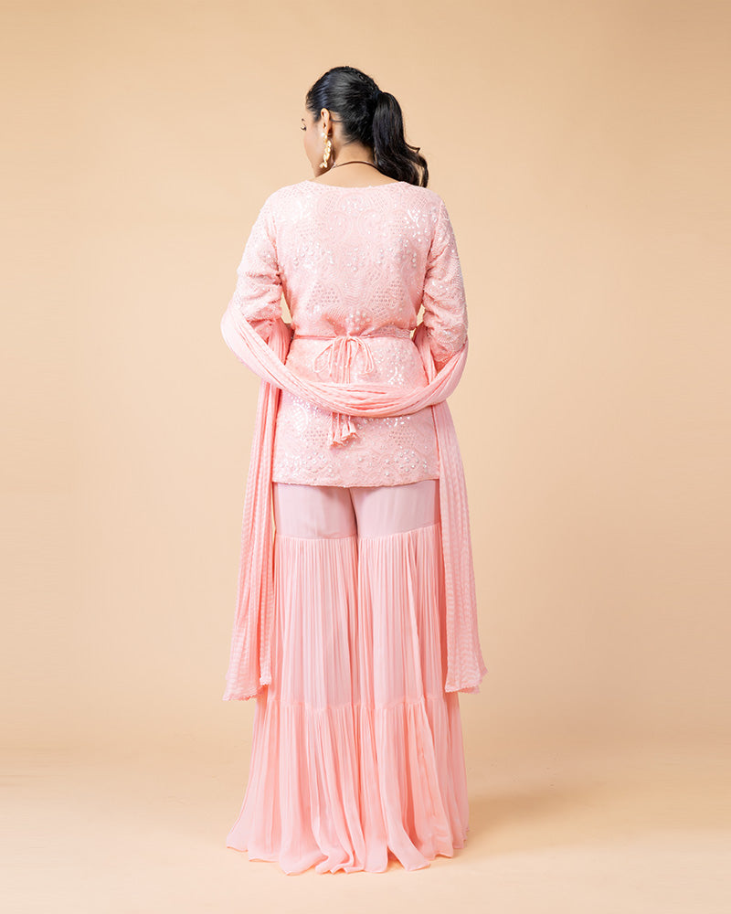 Pink Palazzo with Peplum Top and Chiffon Dupatta