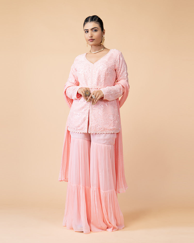 Pink Palazzo with Peplum Top and Chiffon Dupatta