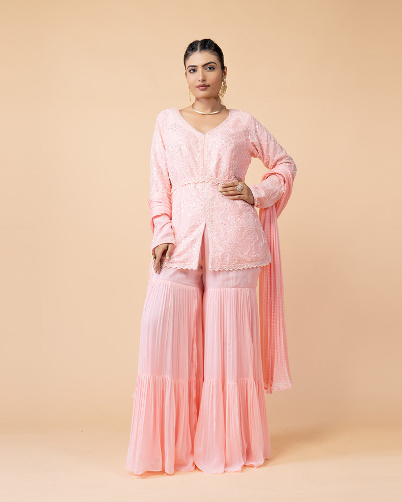 Pink Palazzo with Peplum Top and Chiffon Dupatta