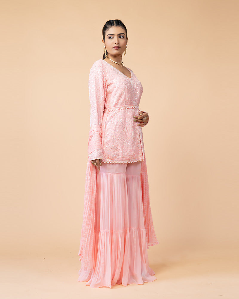 Pink Palazzo with Peplum Top and Chiffon Dupatta