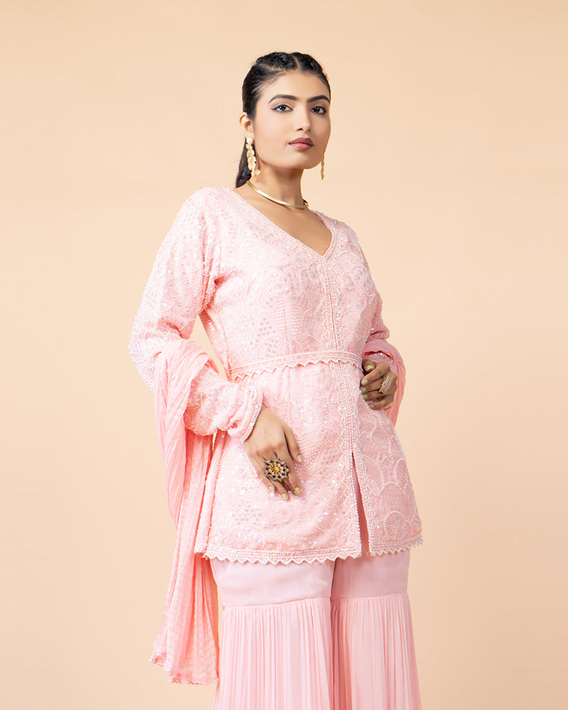 Pink Palazzo with Peplum Top and Chiffon Dupatta