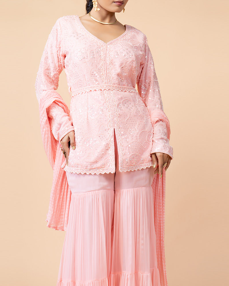 Pink Palazzo with Peplum Top and Chiffon Dupatta