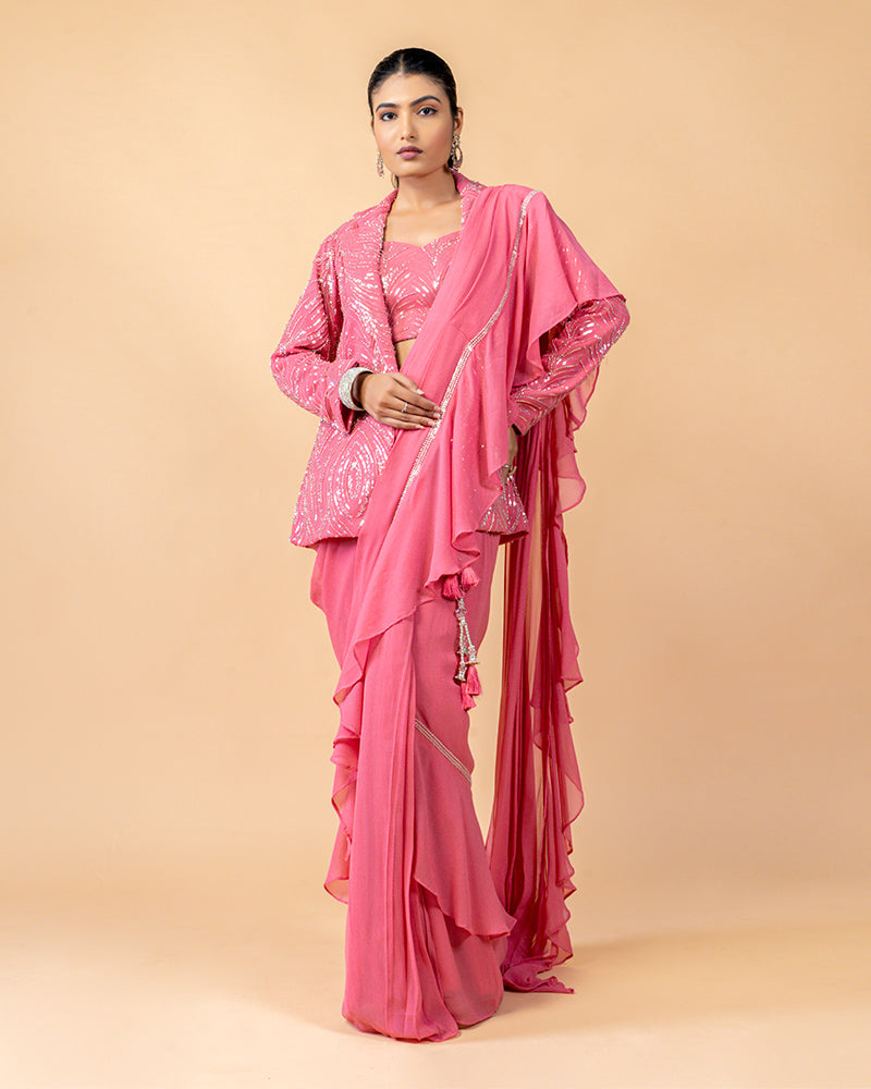 Pink Ready-to-Wear Saree with Hand Embroidered Jacket