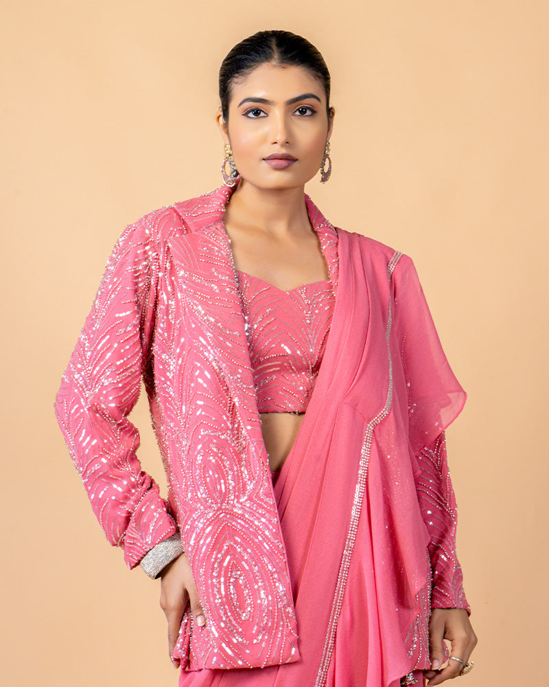 Pink Ready-to-Wear Saree with Hand Embroidered Jacket