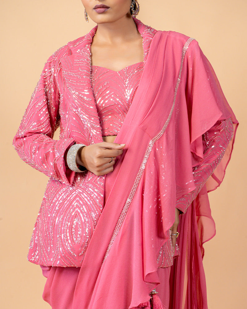 Pink Ready-to-Wear Saree with Hand Embroidered Jacket