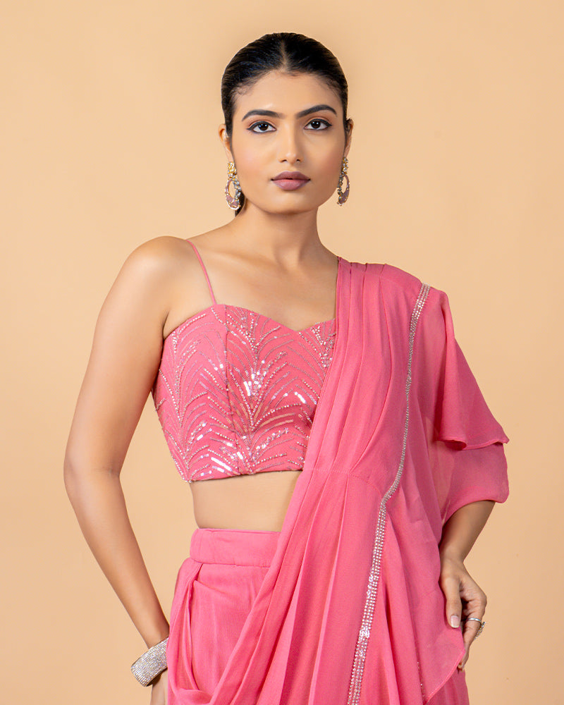 Pink Ready-to-Wear Saree with Hand Embroidered Jacket