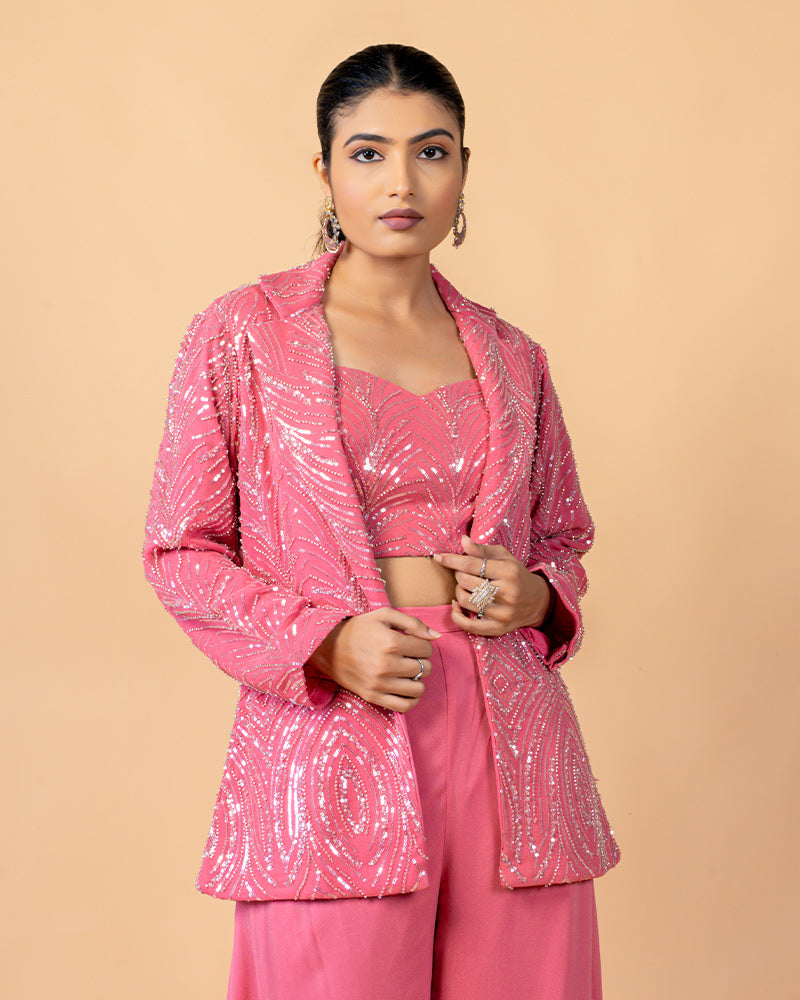 Pink Ready-to-Wear Saree with Hand Embroidered Jacket