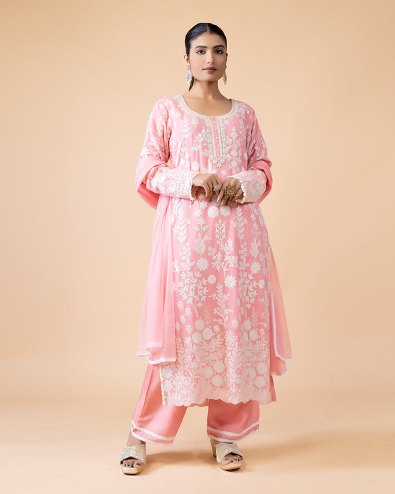 Pink Salwar Kameez Set with Heavy Embroidery with Dupatta