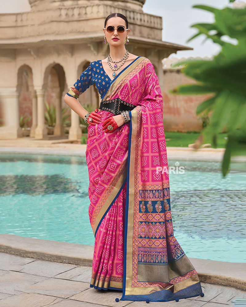 Pink Bandhani Printed Silk Saree with Unstitched Blouse 01
