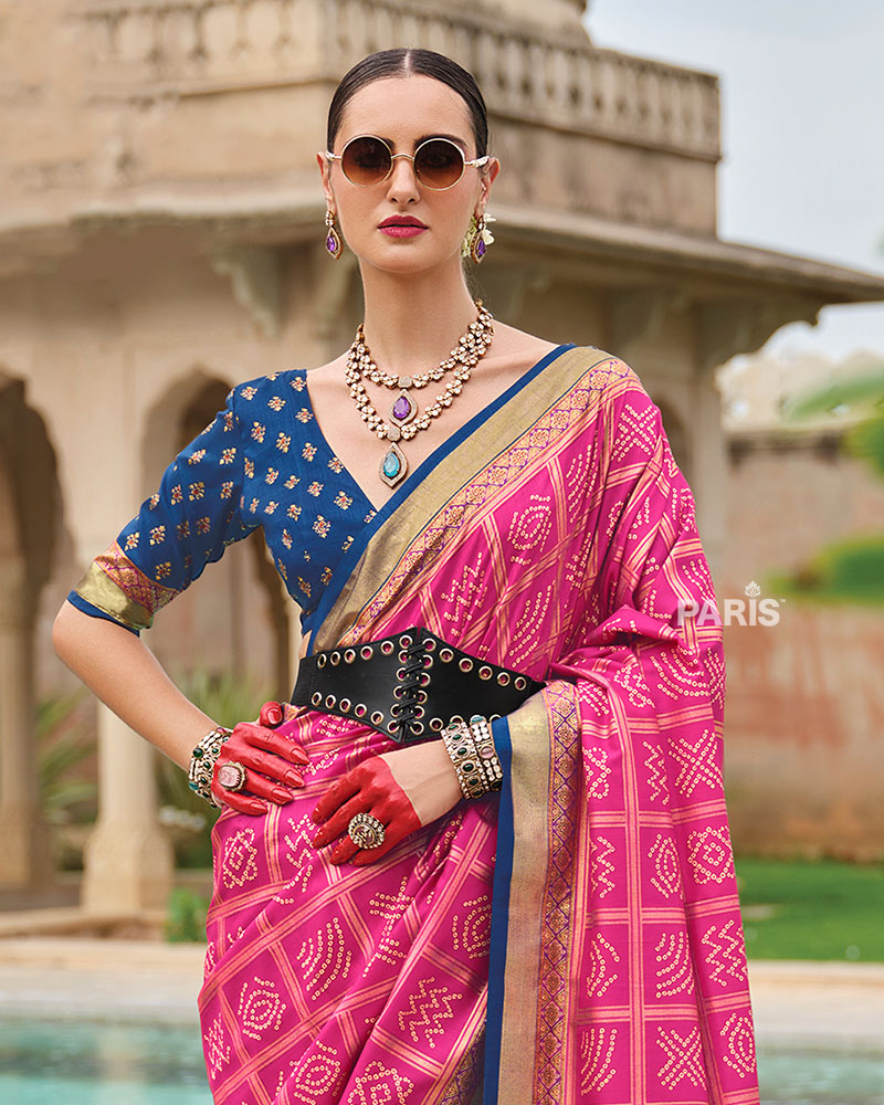 Pink Bandhani Printed Silk Saree with Unstitched Blouse 02