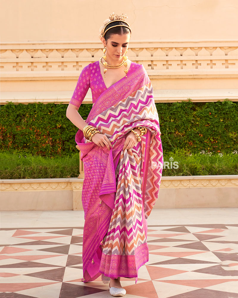 Pink Printed Silk Saree with Unstitched Blouse 01