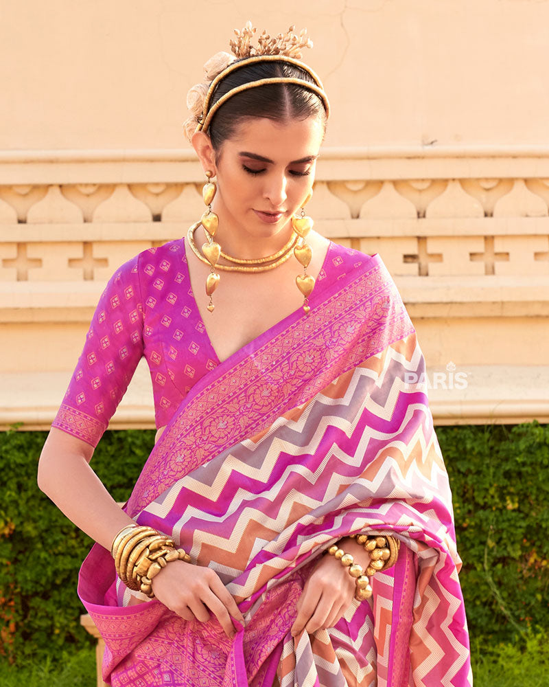 Pink Printed Silk Saree with Unstitched Blouse 02