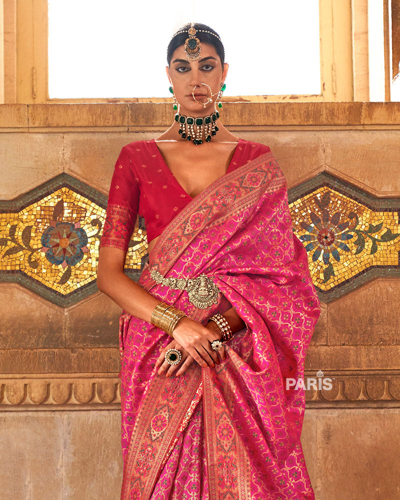 Pink and Golden Border Banarasi Jacquard Silk Saree with Unstitched Blouse 02