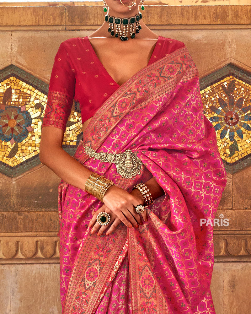 Pink and Golden Border Banarasi Jacquard Silk Saree with Unstitched Blouse 03